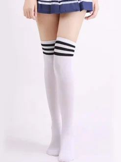 Black Women Stockings Striped Academic Style Thigh Tights