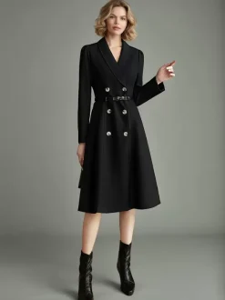 Blazer Dresses Lapel Belted Long Sleeves Knee-Length Business Casual Dress