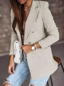 Blazer Jacket White Solid Color Turndown Collar Double Breasted Slim Fit Spring Fall Chic Street Outerwear For Women