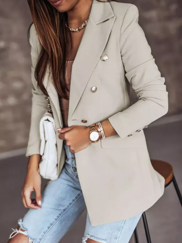 Blazer Jacket White Solid Color Turndown Collar Double Breasted Slim Fit Spring Fall Chic Street Outerwear For Women