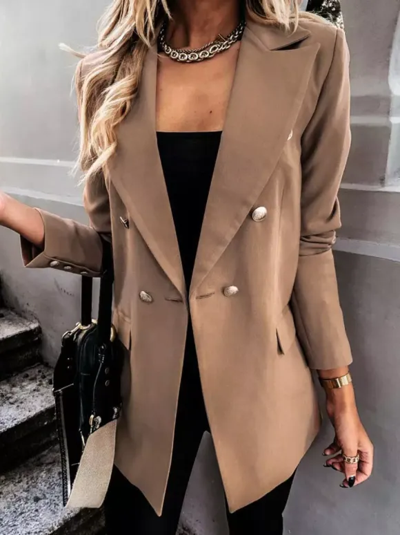 Blazer Jacket White Solid Color Turndown Collar Double Breasted Slim Fit Spring Fall Chic Street Outerwear For Women