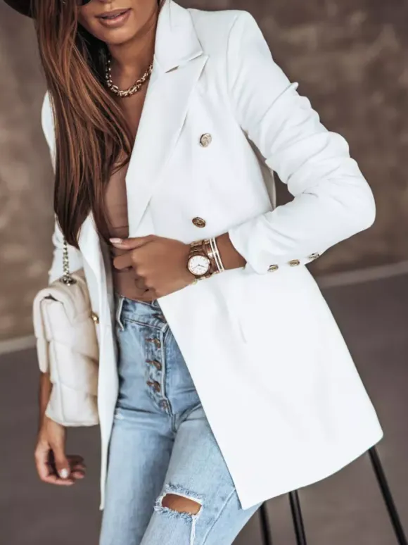 Blazer Jacket White Solid Color Turndown Collar Double Breasted Slim Fit Spring Fall Chic Street Outerwear For Women