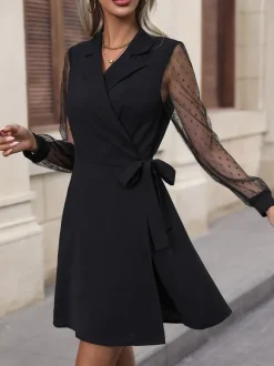 Blazer Dresses V-Neck Belted Long Sleeves Elegant Women's Day Dress