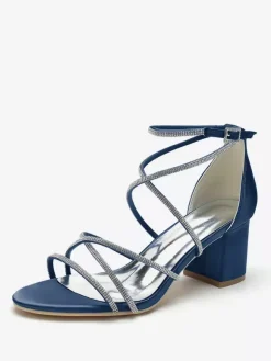 Blcok Heel Wedding Shoes Open Toe Rhinestones Strappy Bridal Shoes
