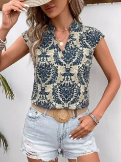 Blouse For Women Deep Blue Printed Stand Collar Chic Sleeveless Tops