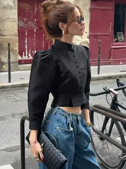 Blouse For Women Gold Buttons Stand Collar Chic Long Sleeves Tops