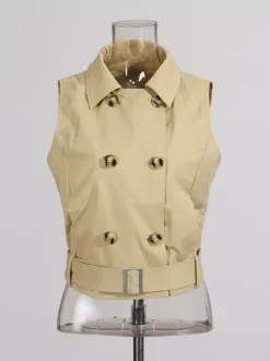 Blouse For Women Khaki Cotton Turndown Collar Academic Sash Buttons Sleeveless Tops