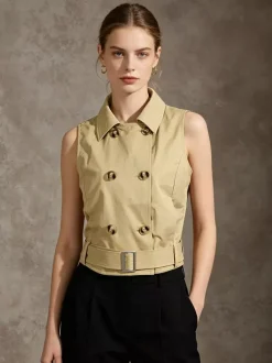 Blouse For Women Khaki Cotton Turndown Collar Academic Sash Buttons Sleeveless Tops