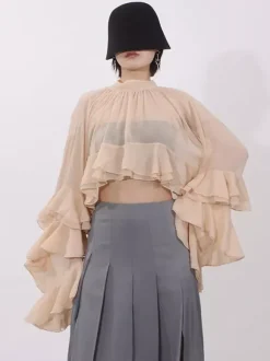 Blouse For Women Salmon Clothes Ruffles Pleated High Collar Chic Long Sleeves Tops