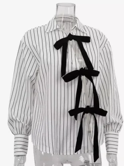 Blouse For Women White Turndown Collar Clothes Casual Bows Long Sleeves Tops