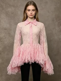 Blouse For Women Apricot Lace Ruffles Turndown Collar Elegant Long Sleeves Tops