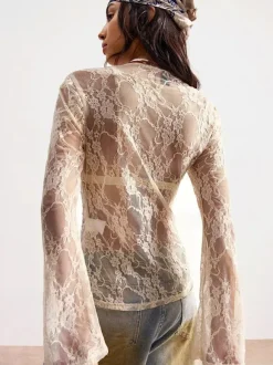 Blouse For Women Apricot Lycra Spandex V-Neck Casual Buttons Lace Long Sleeves Tops