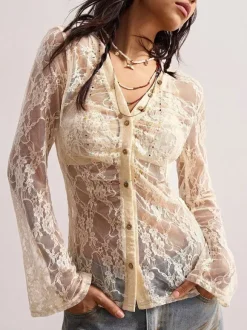 Blouse For Women Apricot Lycra Spandex V-Neck Casual Buttons Lace Long Sleeves Tops