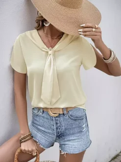 Blouse For Women Apricot V-Neck Casual Short Sleeves Summer Tops