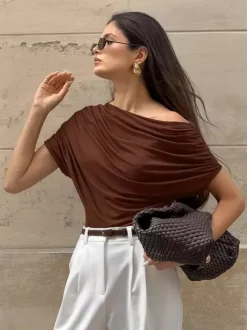 Blouse For Women Brown Cotton Off-The-Shoulder Casual Ruched Short Sleeves Tops