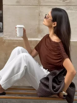 Blouse For Women Brown Cotton Off-The-Shoulder Casual Ruched Short Sleeves Tops