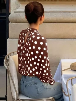 Blouse For Women Coffee Brown Polka Dot Pleated Lace Up Halter Chic Long Sleeves Tops