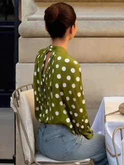Blouse For Women Coffee Brown Polka Dot Pleated Lace Up Halter Chic Long Sleeves Tops