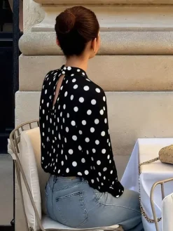 Blouse For Women Coffee Brown Polka Dot Pleated Lace Up Halter Chic Long Sleeves Tops