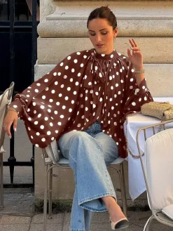 Blouse For Women Coffee Brown Polka Dot Pleated Lace Up Halter Chic Long Sleeves Tops