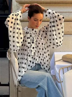 Blouse For Women Coffee Brown Polka Dot Pleated Lace Up Halter Chic Long Sleeves Tops