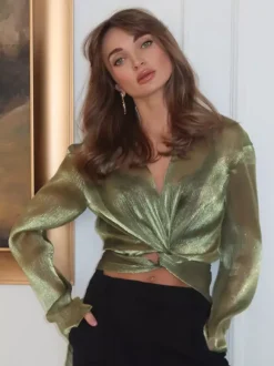 Blouse For Women Green Cropped V-Neck Elegant Long Sleeves Tops