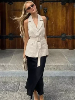 Blouse For Women Khaki Cotton Linen Halter Backless Casual Lace Up Sash Sleeveless Tops