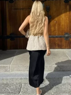 Blouse For Women Khaki Cotton Linen Halter Backless Casual Lace Up Sash Sleeveless Tops