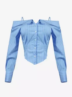 Blouse For Women Light Sky Blue Off-The-Shoulder Shaping Elegant Long Sleeves Tops
