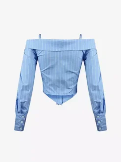 Blouse For Women Light Sky Blue Off-The-Shoulder Shaping Elegant Long Sleeves Tops