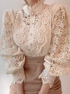 Blouse For Women Pink Lace Cut Out High Collar Casual Long Sleeves Lace Tops