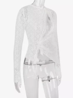 Blouse For Women White Lace Jewel Neck Clothes Sexy Cut Out Lace Long Sleeves Tops