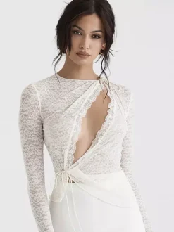 Blouse For Women White Lace Jewel Neck Clothes Sexy Cut Out Lace Long Sleeves Tops