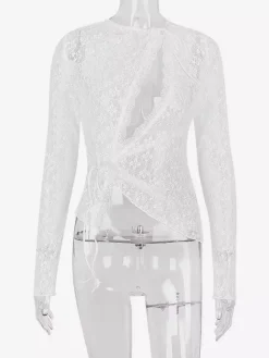 Blouse For Women White Lace Jewel Neck Clothes Sexy Cut Out Lace Long Sleeves Tops