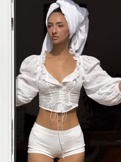 Blouse For Women White Lace Up V-Neck Chic Half Sleeves Cotton Tops