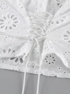 Blouse For Women White Lace Up V-Neck Chic Half Sleeves Cotton Tops
