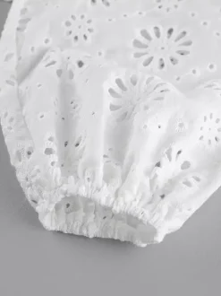 Blouse For Women White Lace Up V-Neck Chic Half Sleeves Cotton Tops