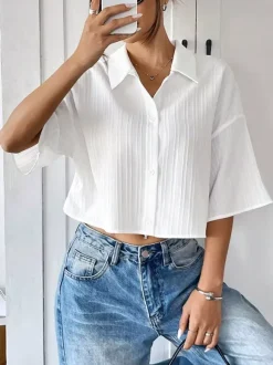 Blouse For Women White Turndown Collar Clothes Chic Buttons Half Sleeves Tops