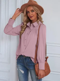 Blouse For Women White V-Neck Casual Long Sleeves Tops