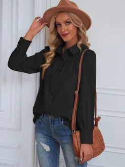 Blouse For Women White V-Neck Casual Long Sleeves Tops