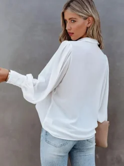 Blouse For Women White V-Neck Casual Long Sleeves Tops