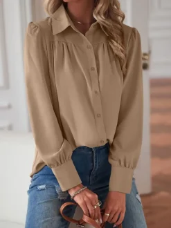 Blouse For Women White V-Neck Casual Long Sleeves Tops