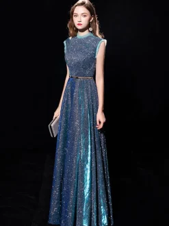 Blue Evening Dress 2026 Ball Gown Jewel Neck Sequined Floor-Length Sash Formal Dresses Wedding Guest Dresses