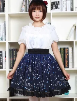 Blue Lolita Dress Sweet Constellation Printed Lolita Skirt With Black Lace Trim