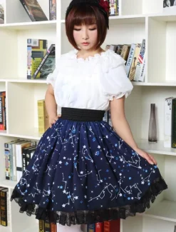 Blue Lolita Dress Sweet Constellation Printed Lolita Skirt With Black Lace Trim
