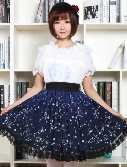 Blue Lolita Dress Sweet Constellation Printed Lolita Skirt With Black Lace Trim