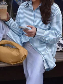 Blue White Striped Oversized Shirt Contrast Black Scallop Trim Collar Pocket Casual Blouse
