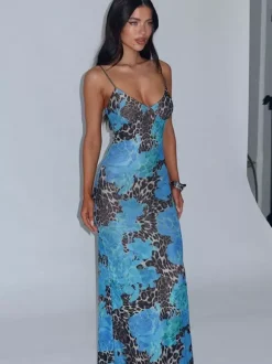 Blue Leopard Print Strapless Maxi Dress For Women Bold Street Style