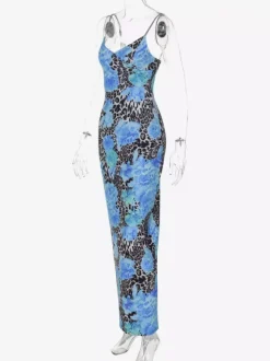 Blue Leopard Print Strapless Maxi Dress For Women Bold Street Style