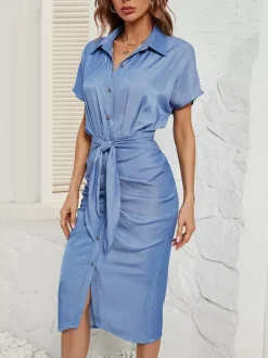 Blue Midi Shirt Dress With Belted Waist And Batwing Sleeves 2026
